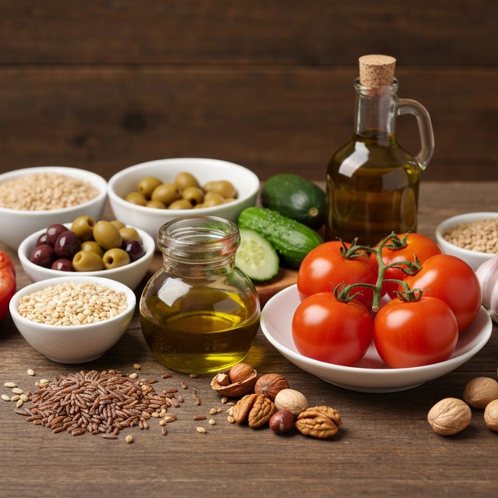 Variety of Mediterranean diet foods with olive oil and fresh vegetables